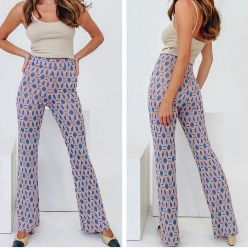 Zara Pink and Blue Geometric Boot-Cut Pants